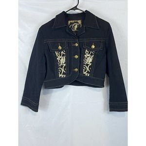 Fabulosity Short‎ Waist Black Denim Jacket Gold Embellishment Size XL